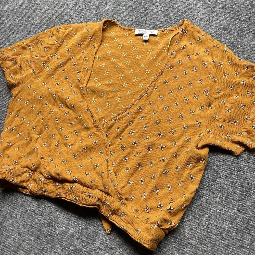 Patrons of Peace Mustard Yellow Boho Wrap Blouse Womens Size M Flutter Sleeve